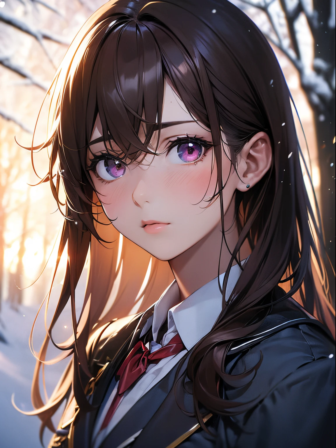 ((Brown hair))、Brown hair long hair、Navy blue blazer school uniform with red ribbon、Red-purple eye step piece, Best Quality, High quality, Highly detailed CG Unity 8k wallpaper, coniferous forest, Silence, towering conifers covering forest floor, Severe cold, Gentle beauty, Snow, Winters, Mild summer, Breeze, conifer, Branches, Bokeh, depth of fields, nffsw, bloom, chromatic abberation, Photorealistic, Extremely detailed, Popular on ArtStation, popular on CGSociety, with an intricate, high detailing, Dramatic, Art Midway