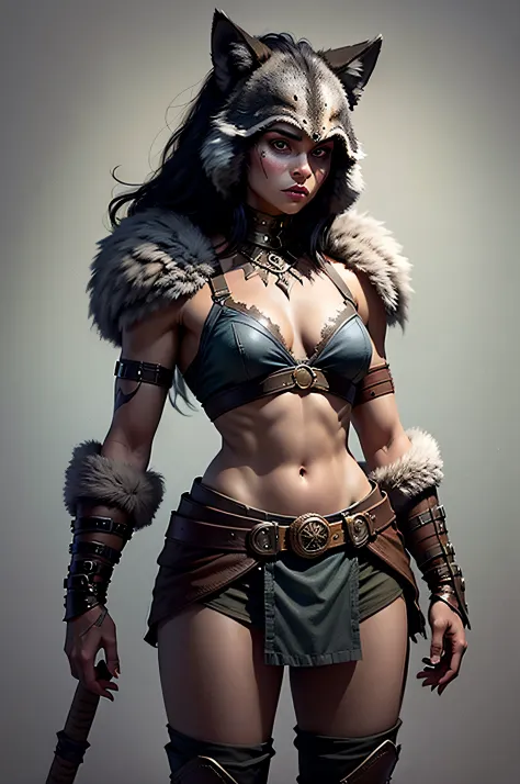 1 young female barbarian, 14 years old, Wolf Skin, wolf skin shoulder pads, standing at full height, sideways glance, looking at the viewer, in the style of D14bl0, on a blank background