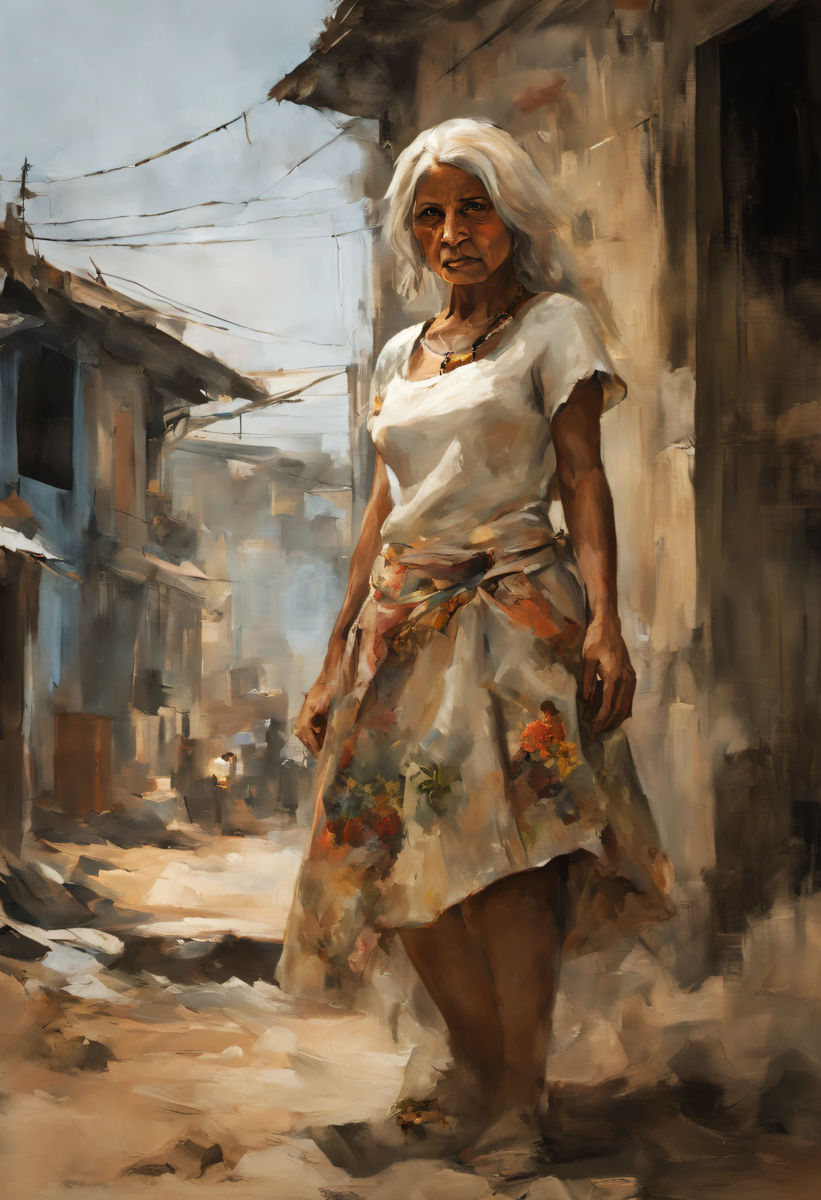 Dona Maria, a 76-year-old favela resident, depressed in her humble shack, showing off her slender, aged body. She wears everyday clothes, emphasizing her weather-beaten olive skin, white hair, and deep-set brown eyes. The setting takes place in a favela shack, with morbid colors and despondent sounds, creating a depressive atmosphere. Full body view of Dona Maria, a traditional Brazilian coffee on the table. The photography captures the authenticity of Dona Maria's life with sharp focus, natural lighting and high-resolution imaging, highlighting the genuine emotions in her eyes and the decaying environment of the favela. Dona Maria wears a modest yet personality-filled dress, made of sturdy cotton in earthy tones with delicate floral patterns. The cuegant, with short sleeves and handcrafted details, reflecting a life dedicated to overcoming. The length reaches her ankles, and she accessorizes the look with accessories like a beaded necklace and a distressed leather bracelet. This dress not just a piece of clothing, but a testimony to Dona Maria's history and resistance. "Create an oil painting inspired by the gestural style, incorporating the oil painting technique with bold and expressive brushstrokes. Highlight organic and gestural shapes, with blurred contours, low color saturation and obvious complementary colors.""Produce an oil painting in the style of Monet's impressionism. Capture the light, ephemeral atmosphere with loose brushstrokes, blurred outlines, low color saturation, and an emphasis on complementary colors to create an artistic and evocative scene.""Develop an image with the style of an oil painting, emphasizing gestural brushstrokes. Choose diffuse contours, reduced color saturation and emphasis on complementary colors in an evident way, resulting in a unique and inspiring artistic composition."