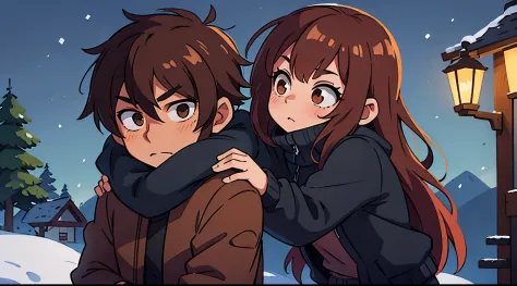 1 male and 1 female , brown hair , black clothes, in snow , night time, hugging