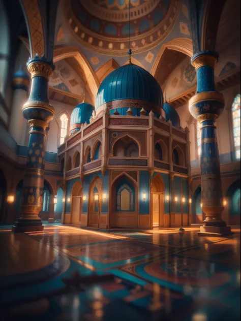 A mosque with tilt-shift effect, featuring extremely colorful and high-quality details. The artwork is a masterpiece with cinematic lighting, captured in 4K resolution. The scene is bathed in chiaroscuro lighting, adding depth and drama to the image.