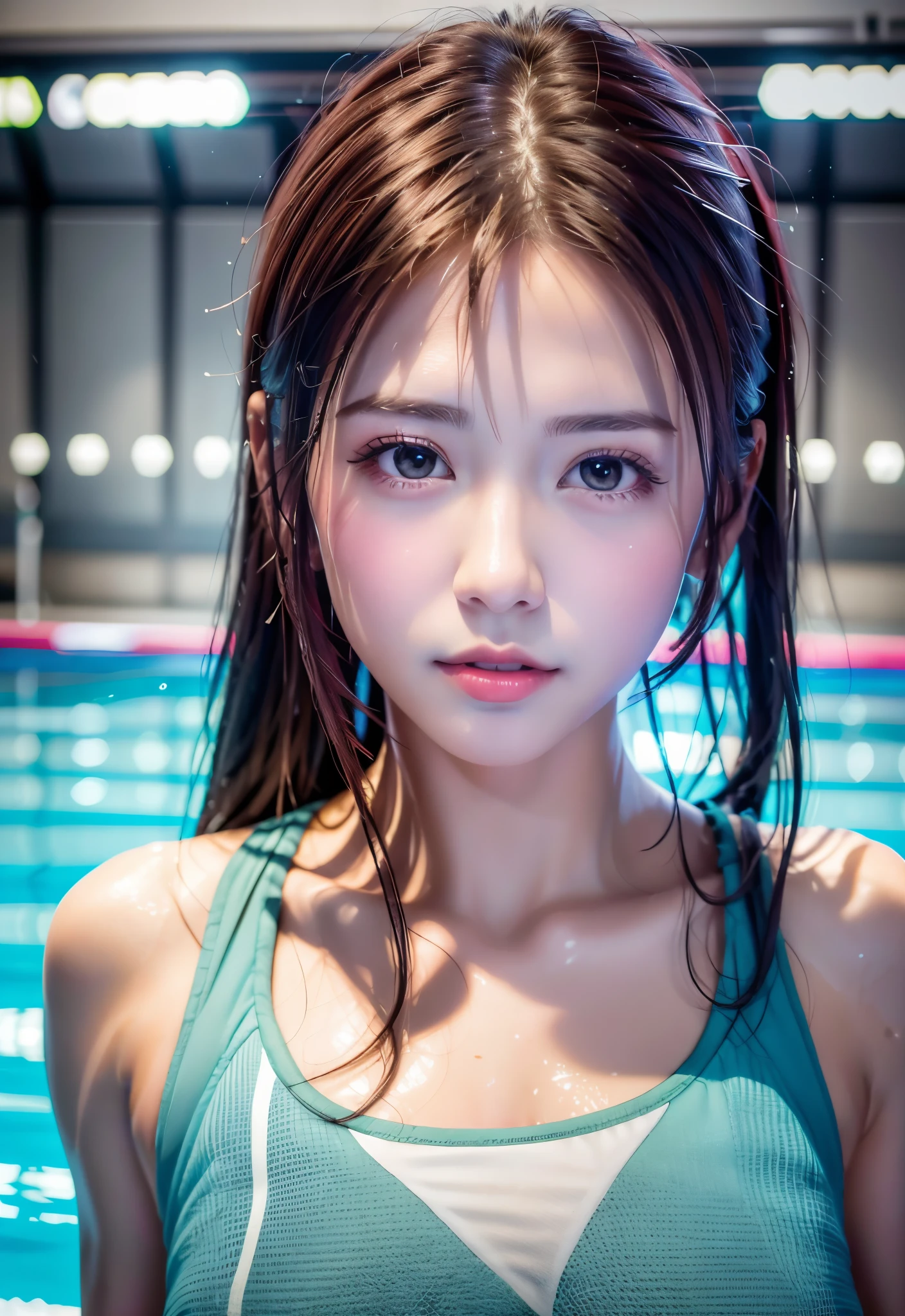 8K, of the highest quality, masutepiece:1.2), (Realistic, Photorealsitic:1.3), of the highest quality, masutepiece, Beautiful young woman, Pensive expression, Thoughtful look, Competitive swimmers、swim wears、Hair tied back, Cinematic background, Light skin tone、wetted skin