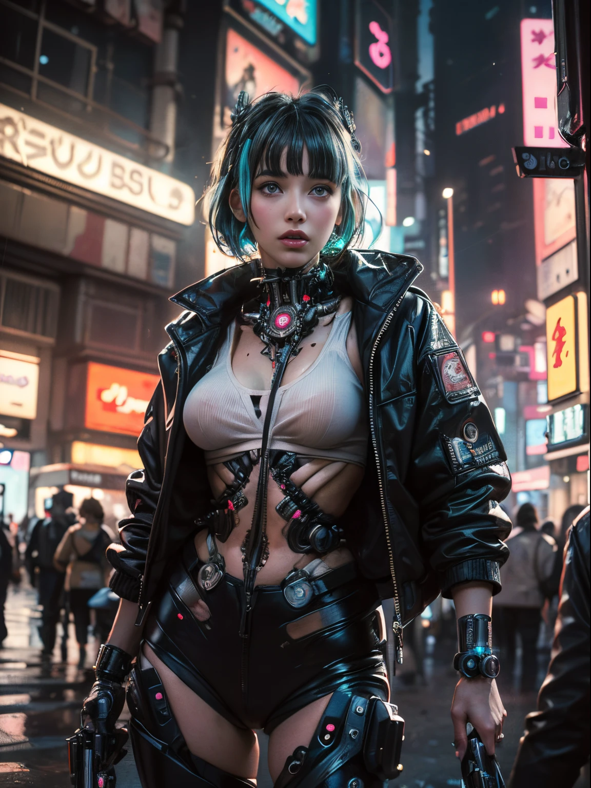 ((Masterpiece stunning Anime illustration)), ((beautiful cybernetic Cyberpunk girl standing together)), (2 girls), ((highly detailed face)), ((mechanical limb, mechanical vertebrae)), ((mechanical cervical attaching to neck)), (wires and cables attaching to neck:1.2), ((mass of wires and cables on head)), ((wearing colorful Harajuku tech jacket with logo)), (dynamic pose), ((cowboy shot)), (masterpiece), (((best quality))), ((ultra-detailed)), (highly detailed illustration), cinematic lighting, science fiction, extremely detailed,colorful,highest detail, (((cyberpunk city background, (Blade Runner), Harajuku district))), NSFW