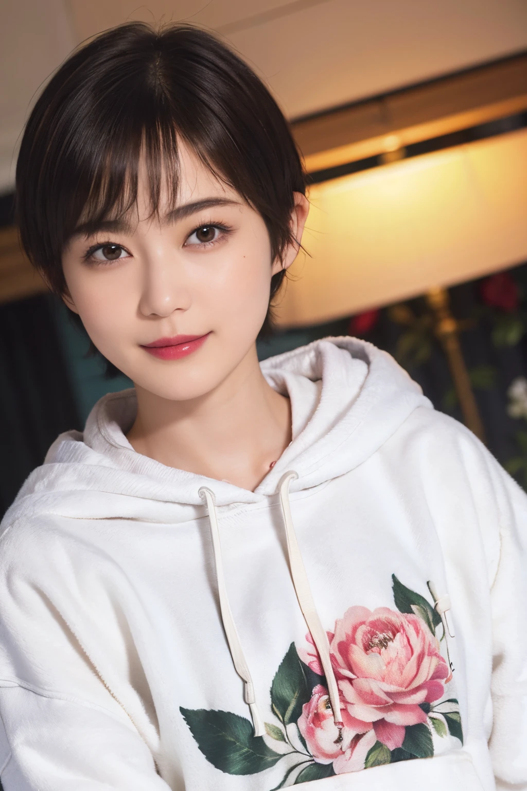 131
(a 20 yo woman,Wearing sportswear), (A hyper-realistic), (high-level image quality), ((beautiful hairstyle 46)), ((short-hair:1.46)), (Gentle smile), (brest:1.1), (lipsticks), (florals), (Large room), (florals), (wearing hoodies)