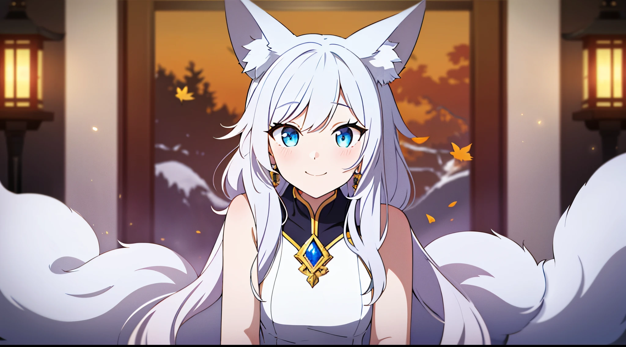 （（tmasterpiece：1.4，Best quality at best））+，（hyper-detailing）+，（Ultra-detailed eyes）+，（White fox ears：1.5），
（Cute girls），15year old，（skyblue eyes：1.15），with short dark brown hair，Brown long braided fluffy hair（wariza：1.2），pale-skinned，ssmile，A smile
（She wears a conservative white warm suit，gold shell，Lots of fluff：1.5），（Black gloves：1.4）extra long sleeveless earrings，lean legs，shrines，red fallen leaves fantasy，gem jewelry，Snow Mountain Bazaar
（Fluffy fox tail：1.1），
（dawn light：1.2），white fox，
（Thick black and white：1.16），（depth of fields：1.4），，Complicated details，