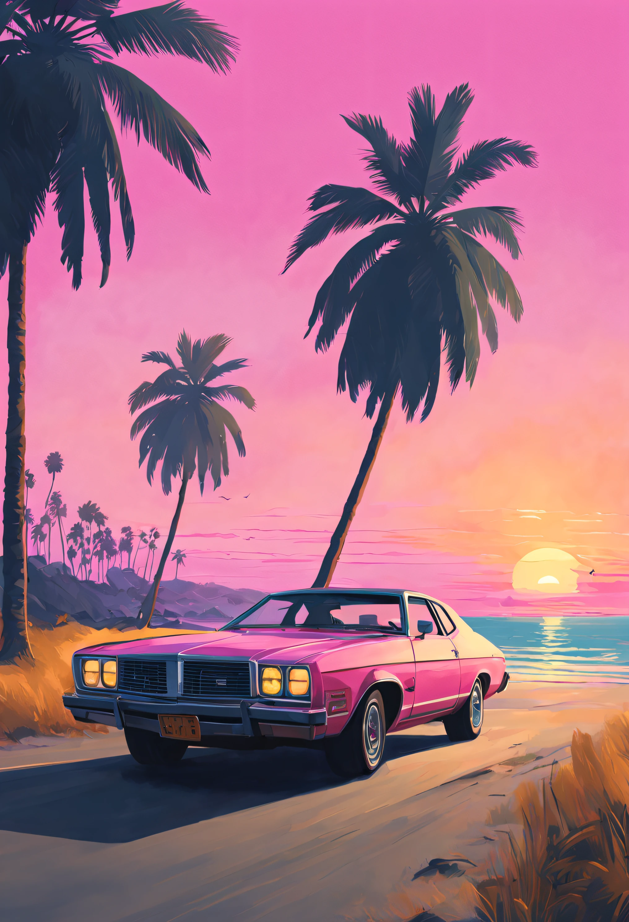 Gta vice city loading screen style, american car nearby, sunset, golden hour, pink sky, beach and palms in background, nice watches, highly detailed digital painting, concept art, smooth, sharp focus, HDR, beautifully shot, symmetric, illustration, professional ominous concept art, by artgerm and greg rutkowski, an intricate, elegant, highly detailed digital painting, concept art, smooth, sharp focus, illustration, in the style of simon stalenhag, wayne barlowe, and igor kieryluk.
