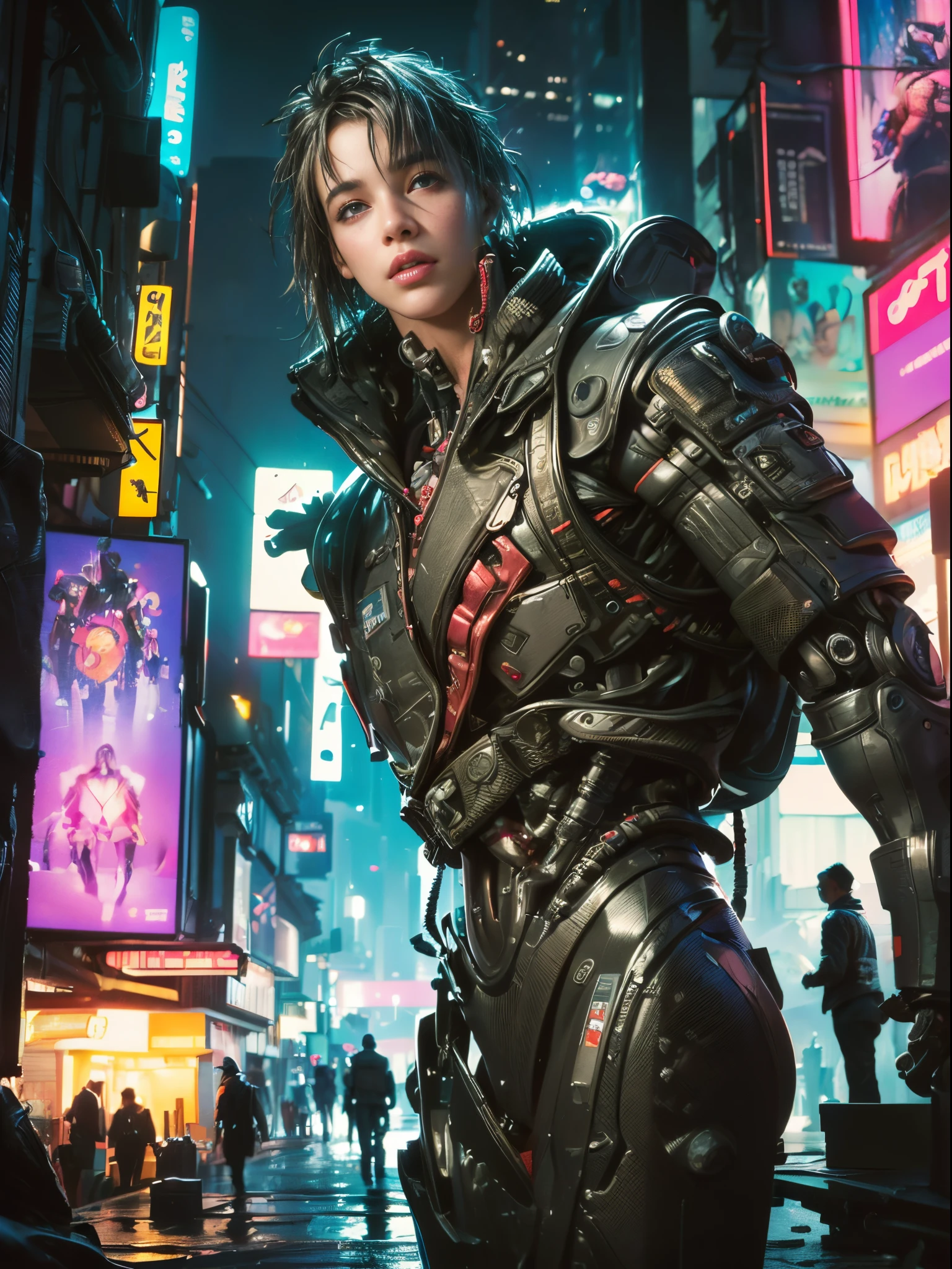 ((Masterpiece stunning Anime illustration)), ((beautiful cybernetic Cyberpunk girl)), ((highly detailed face)), ((mechanical limb, mechanical vertebrae)), ((mechanical cervical attaching to neck)), (wires and cables attaching to neck:1.2), ((mass of wires and cables on head)), ((wearing colorful Harajuku tech jacket with logo)), (dynamic pose), ((cowboy shot)), (masterpiece), (((best quality))), ((ultra-detailed)), (highly detailed illustration), cinematic lighting, science fiction, extremely detailed,colorful,highest detail, (((cyberpunk city background, (Blade Runner), Harajuku district))), NSFW