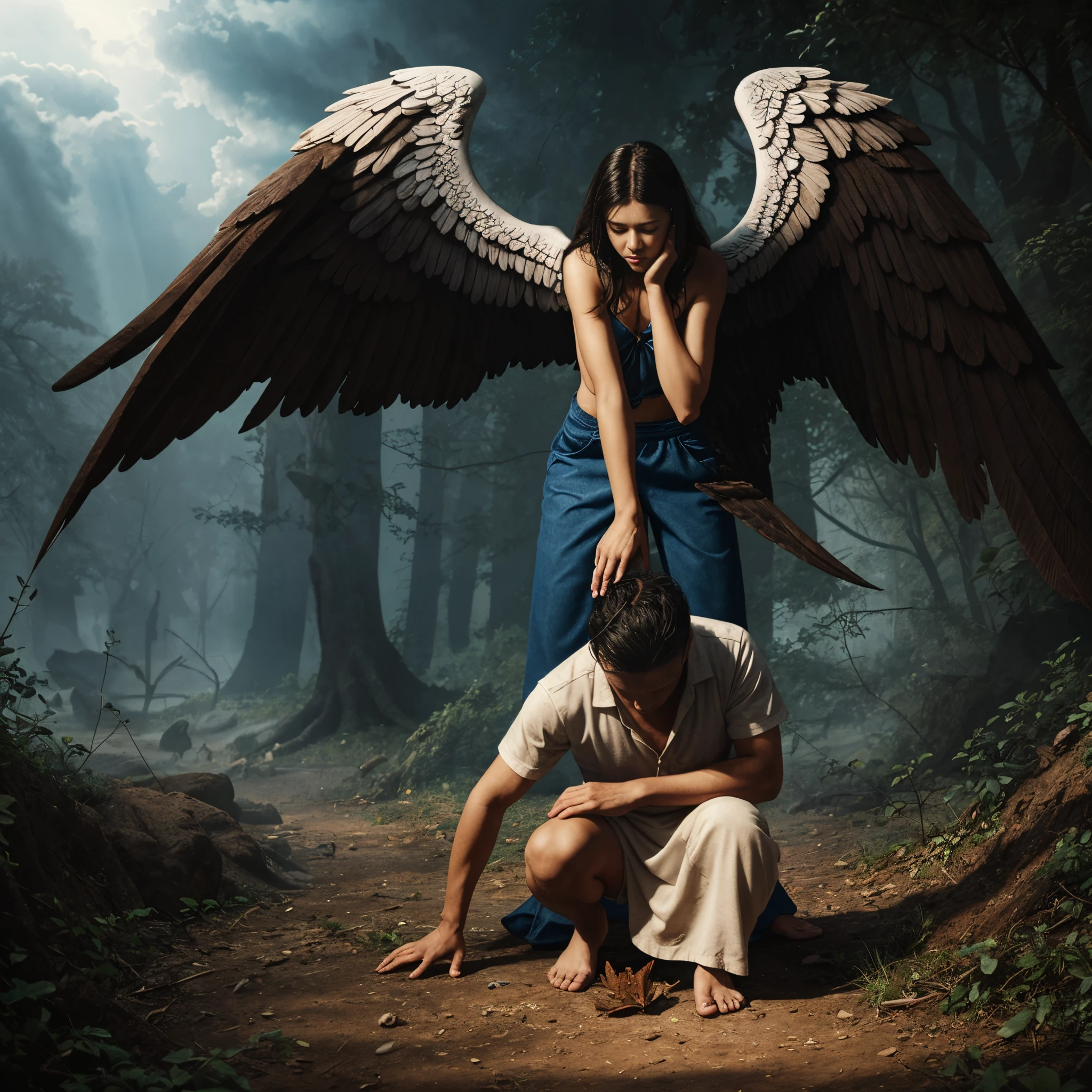 a man kneeling down with wings spread out and broken, a hyperrealistic painting by Olga Ibadullayeva, happening disgrace, the angels are crying, fallen angel, angels protecting a praying old man, angel protecting man, emotional picture, biblical accurate angel, biblically accurate angel, human need death angel, to fathom hell or go angelic, s4w3d0ff, etheric drawing