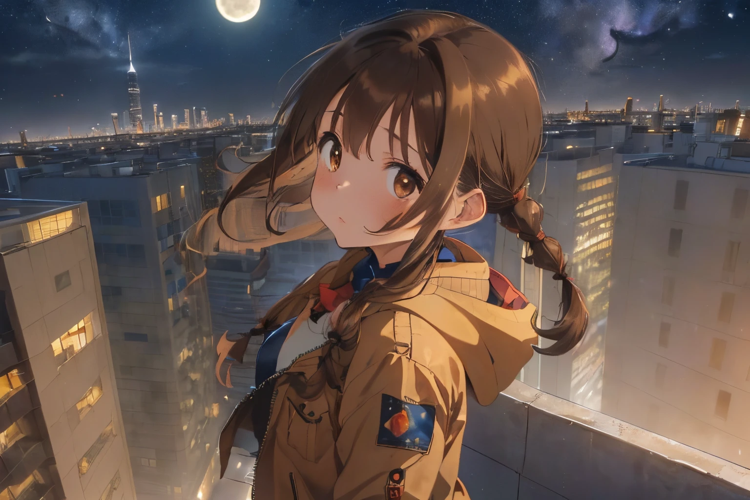 ((Brown hair)),((Braided shorthair)),((Brown eyes)),((Pigtails)),((With bangs)),((Night when the moon shines),((Skyscrapers illuminated by moonlight)),(Stand on the roof of a building),((Hair and clothes swaying in the wind)),((White down coat)),(Yellow and navy hooded long sleeve clothing),(black cargo trousers),((profile)),((lines of sight are parallel)),(Perspective from above),(facing the direction of tomorrow),((deadpan)),(an unlovable face),