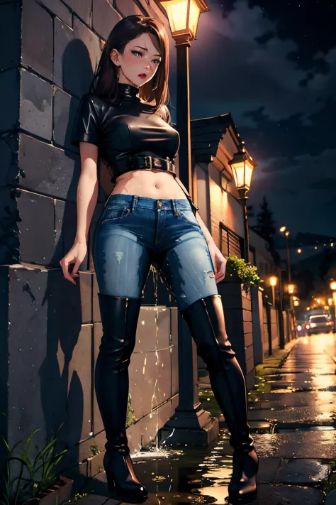 highres, beautiful women, high detail, good lighting, lewd, hentai, (no nudity), (((jeans))), ((tight leather top)), (((leather thigh high boots))), bare midriff, ((wet crotch)), (((peeing herself))), peeing stain, (puddle), (thick thighs), nice long legs,...
