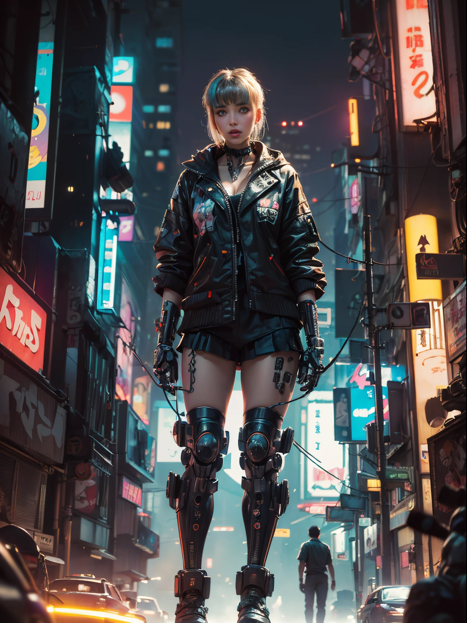 ((Meisterwerk der atemberaubenden Anime-Illustration)), ((schönes kybernetisches Cyberpunk-Mädchen)), ((sehr detailliertes Gesicht)), ((Mechanisches Glied, mechanische Wirbel)), ((mechanische zervikale Befestigung am Hals)), (Drähte und Kabel, die am Hals befestigt sind:1.2), ((Masse an Drähten und Kabeln auf dem Kopf)), ((wearing bunt Harajuku tech jacket with logo)), (dynamische pose), ((Cowboy-Schuss)), (Meisterwerk), (((beste Qualität))), ((ultra-detailliert)), (sehr detaillierte Abbildung), filmische Beleuchtung, Science-Fiction, Extrem detailliert,bunt,höchste Detailliertheit, (((Cyberpunk-Stadthintergrund, (Blade Runner), Stadtteil Harajuku))), Nicht für die Arbeit geeignet