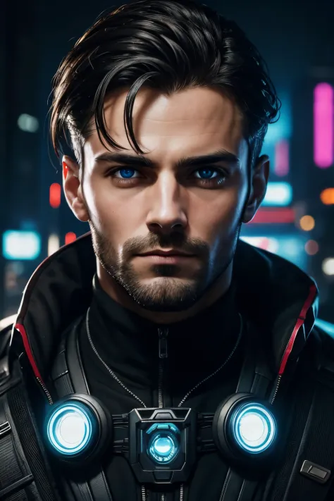 Portrait of a European man looking into the camera, focus on the eyes, cyberpunk style, computer terminal