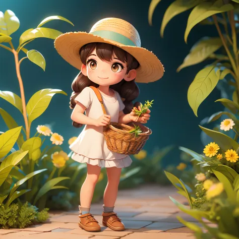 A beautiful girl bends down to pick tea leaves，With a straw hat，Carry the back basket，3D, slice, Best quality at best