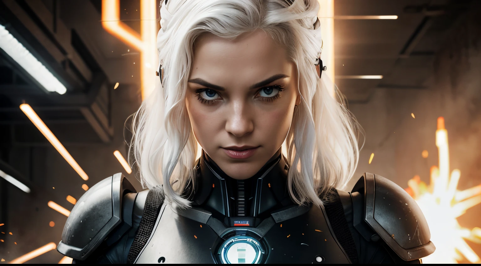 best quality，4K，8K，Hohe Strukturen，Meisterwerk：1.2），Hyper-Detaillierung，（realistischerweise，fotorealistisch, Filmplakat, filmische Perspektive, Kizi, with white hair, Pretty, Urgot, Liga der Legenden, Cyborg-Maschine, Tarnung im Gesicht, Black Metal, Leuchtende Augen, Science-Fiction, Schulterpolster, Mech-Anzug, upper body, Apokalyptischer Hintergrund, Apokalypse, Funken, Flammen, Rauch, Feuer Hintergrund, Explosionen, hell, tankt, Armeen von Monstern,