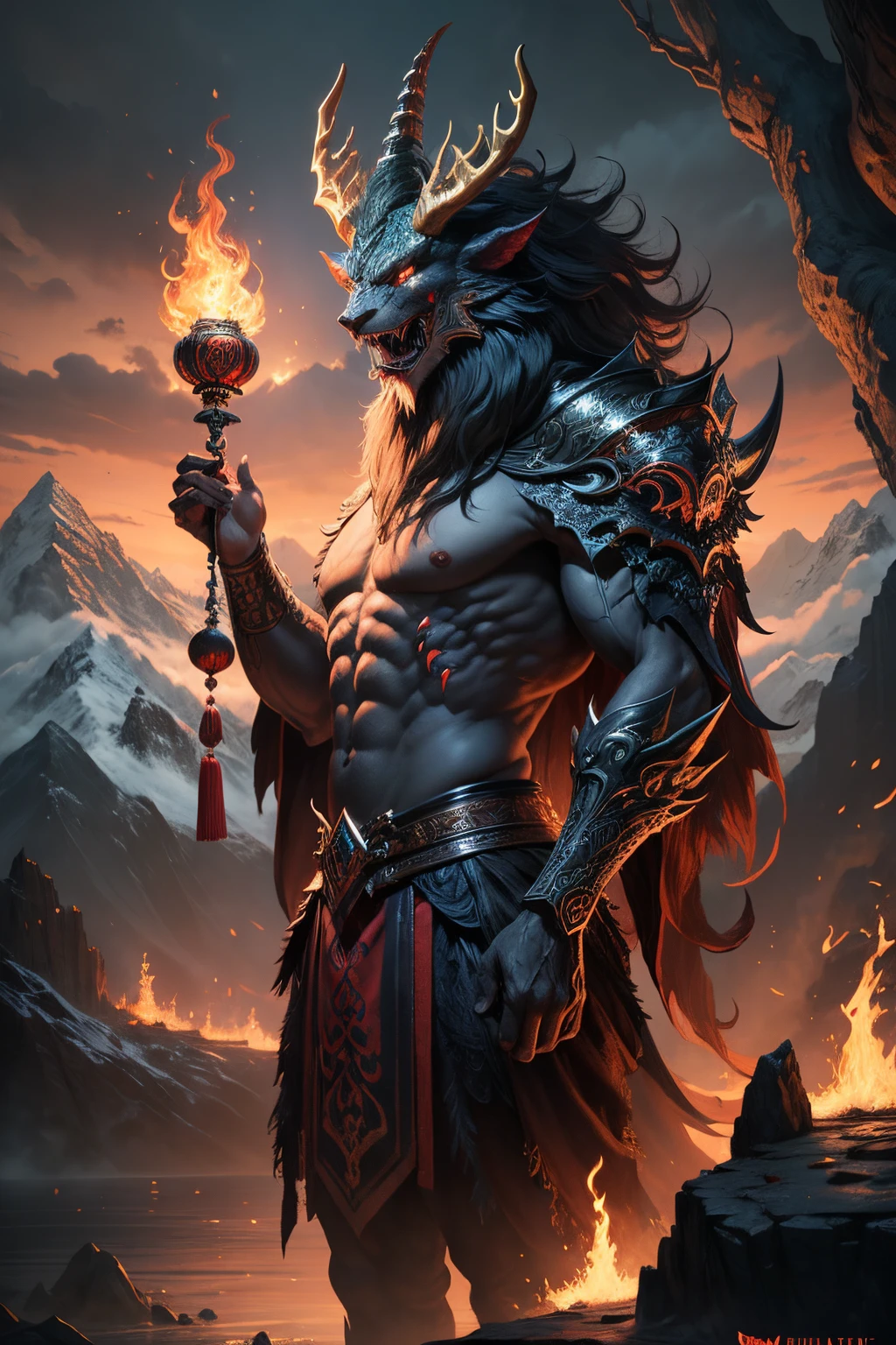 tmasterpiece，high high quality，high definition resolution，16k,realistically，(Mountains and sea)，monster from hell，Demonic nature，Old，Black-green scales，quadrupedal，deer antlers,mane hair,,sharp talons,beast of prey，Fangs and sharp teeth，Twinkle red eyes，Huge body，Full body lesbian，use flames，using magic， and fire magic，Chinese mythology，Oriental elements，epic mythology fantasy，digital art fantasy，Creatures from Ancient Myths and Legends，Intricate fantasy illustrations, Detailed fantasy illustration, The fantasy  very detailed, beautiful detailed fantasy, The magic fantasy  very detailed, Highly detailed fantasy art, Rivendell Epic Fantasy, detailed fantasy digital art, detailed fantasy art