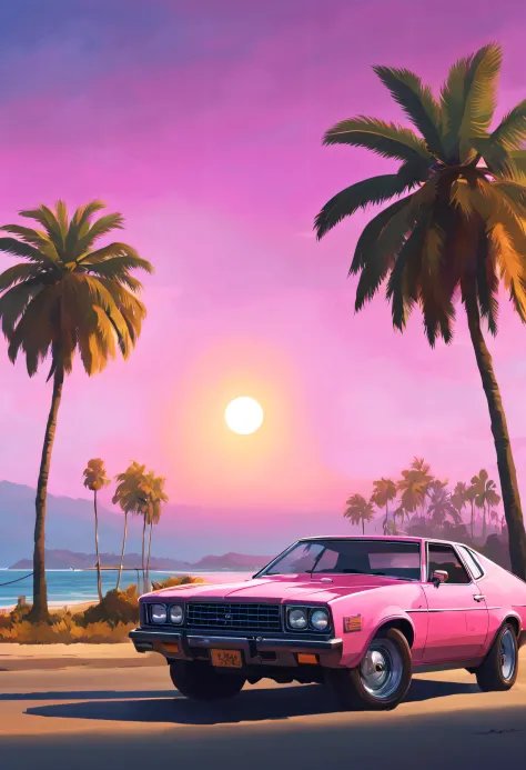Gta vice city loading screen style, american car nearby, sunset, golden hour, pink sky, beach and palms in background, nice watches, highly detailed digital painting, concept art, smooth, sharp focus, HDR, beautifully shot, symmetric, illustration, profess...