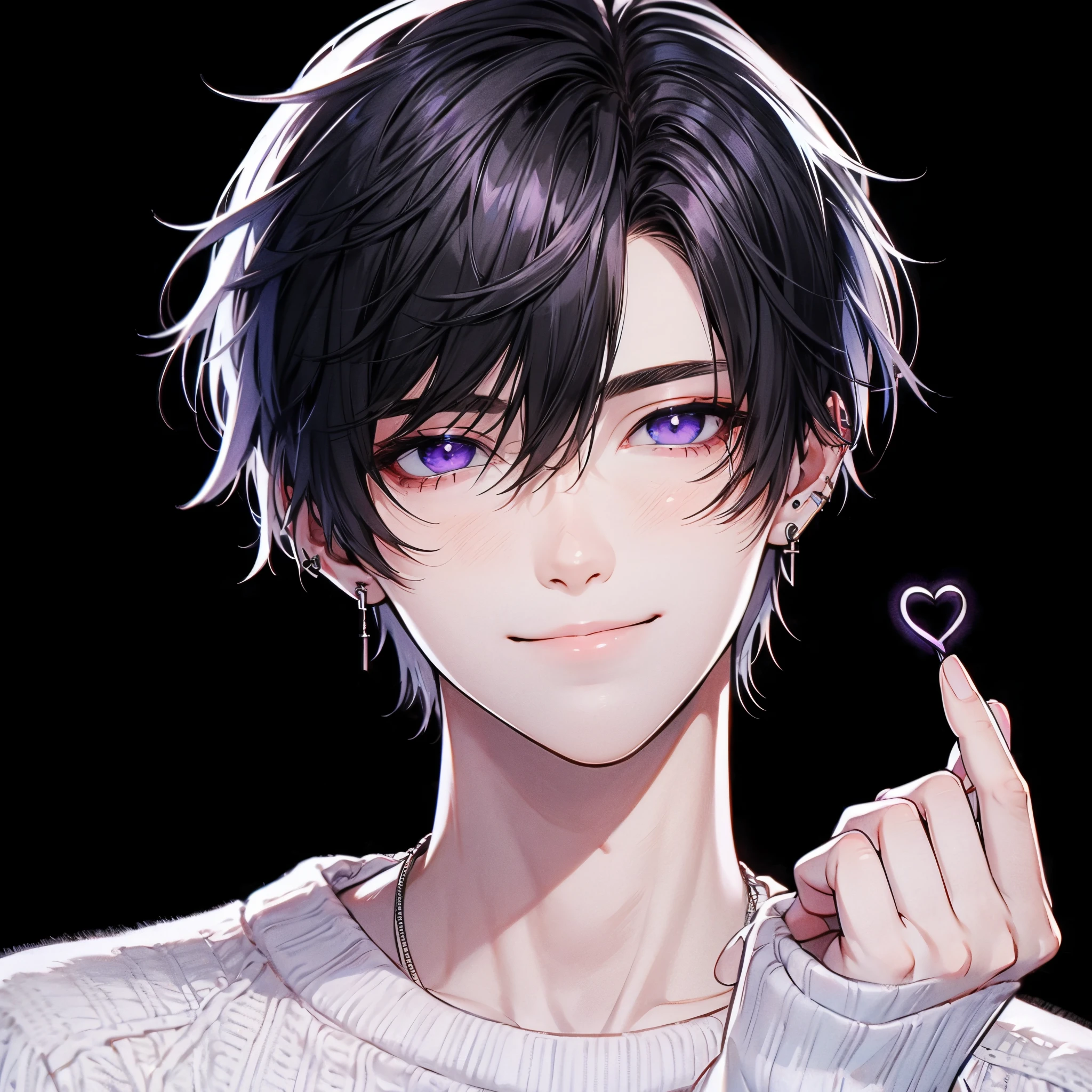 Beautiful young man, Black hair, Purple eyes, Short hair, White sweater, cut out the eyes, Cheek cane、cheekbone, Smiling, Front view, Black background, Shoulder level,High quality, amount of drawing, pixiv illustration