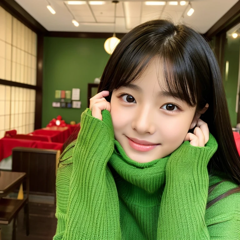 An ultra-high picture quality、Perfect Photo、japanes、japanese beauty girl、15yo student、Forehead、large mouth、Green turtleneck sweater、christmas indoor、A dark-haired、thick lips、