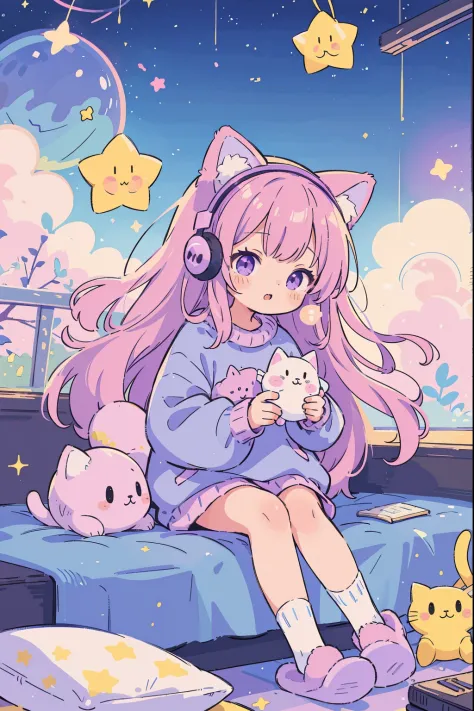 Cat Girl, Solo, Fluffy clothes, Sweaters, sleeves, sox, Slippers, Pastel colors, (Purple, Blue, Pink, yellow), Cozy, Dreamy, Stars, a sticker, Bubbles, Glitter, brilliance, plushies, headphones