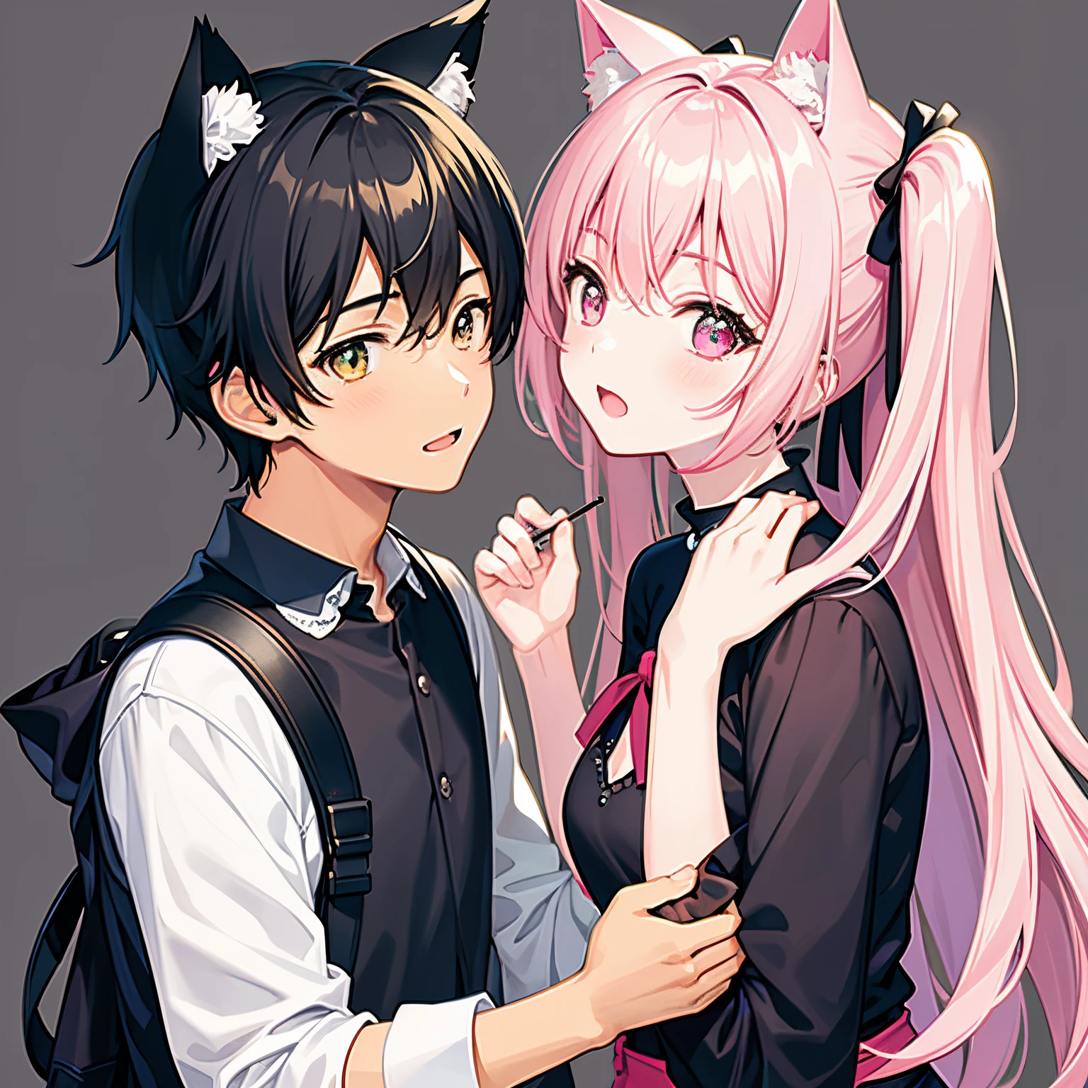 masterpiece, best quality, a boy and a girl, couple, kawaii, attractive, girl in pink, boy in black, cat ears, beautiful scene, beautiful background, face up close, looking forward, colorful background, action, happy, standing next to each other