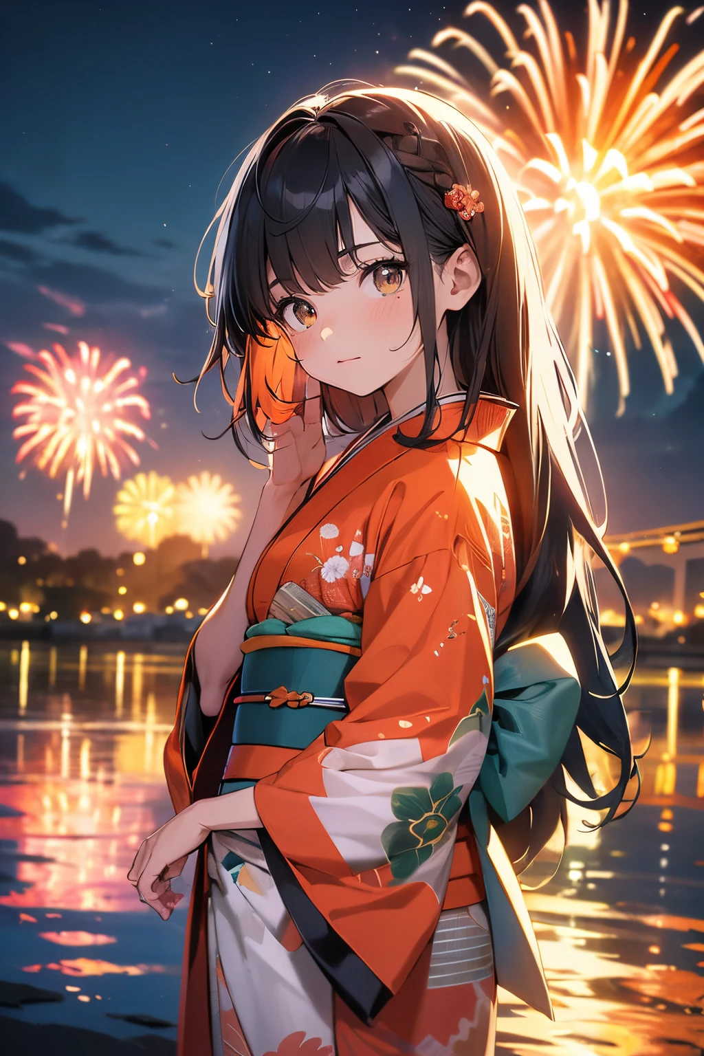 prompt:scene:0.9, (masterpiece), (((ultra detailed, 8k quality))), high quality, vibrant fireworks, red, green, blue, yellow, orange pink, neon, 1girl, kimono, long hair, side bangs, brown eyes, perfect hands