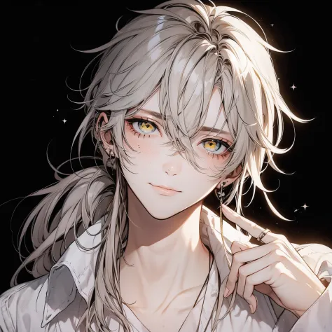 Rin々Shishi Face、Smile, Beautiful young man, Silver hair, Yellow eyes, Long hair, Low ponytail, White shirt, cut out the eyes, Ha...