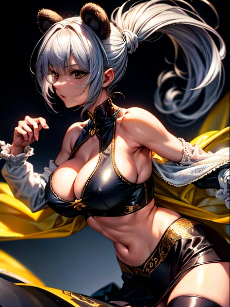 (top-quality、tmasterpiece、high resolution、super high image quality), detailed face, solo, 20 years old, black panda ears, grey hair, large breasts, big firm buttocks, action movie star，yellow eyes, double pony tails ,midriff, navel, sophisticated maid cost...