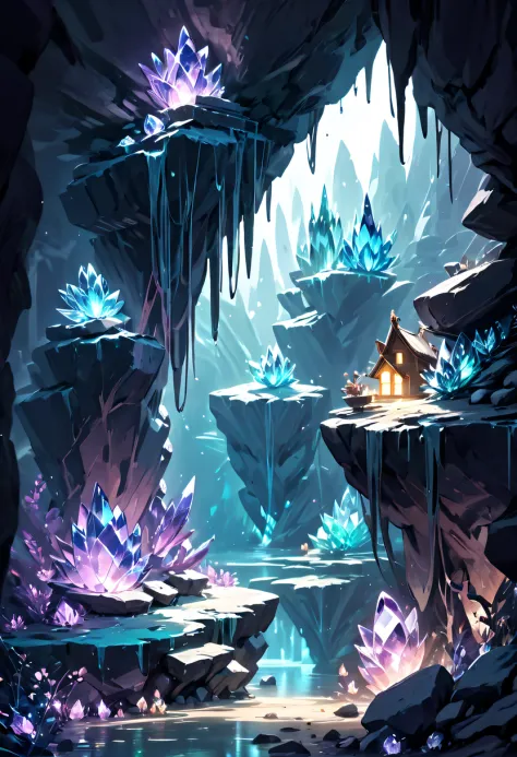 Fantasy cave walls made of mineral crystals，covered with precious crystals, crystal cluster，subsurface, exploration, Stibnite crystals，Glowing crystal, fluorite crystal,associated mineral crystals , Enigmatic Atmosphere, Sparkling crystals, Natural Crystal...