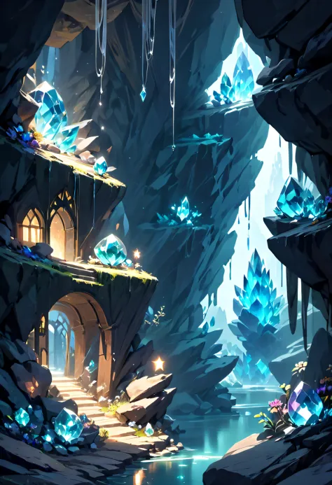 Fantasy cave walls made of mineral crystals，covered with precious crystals, crystal cluster，subsurface, exploration, Stibnite crystals，Glowing crystal, fluorite crystal,associated mineral crystals , Enigmatic Atmosphere, Sparkling crystals, Natural Crystal...