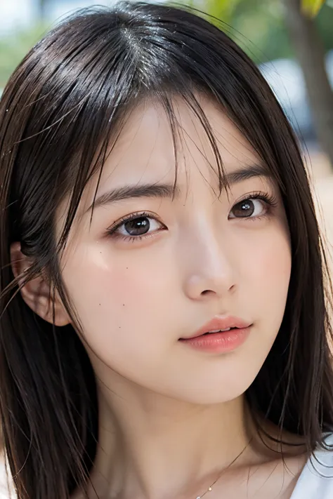 1girl, Japanese, beautiful, cute, Japanese idol face, droopy eyes, thin eyebrow, (((wide eyes,)))Japanese idol hairstyle, shiny flaxen hair, high detail, Background blur, huge breasts, short-cut, ​masterpiece, ultra detailed photorealistic, high resolution...