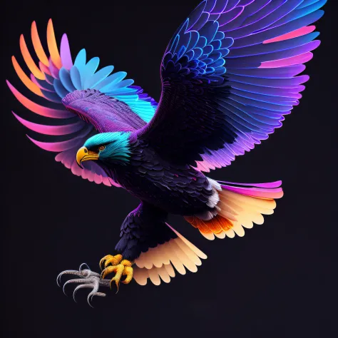 intricate and colorful, (digital painting:1.2) giant eagle, bright neon plumage, flying with wings and talons extended, concept art, octane render, trending on artstation, neon-noir background, iolibt, vfx, Blender and Photoshop, octane render, excellent c...