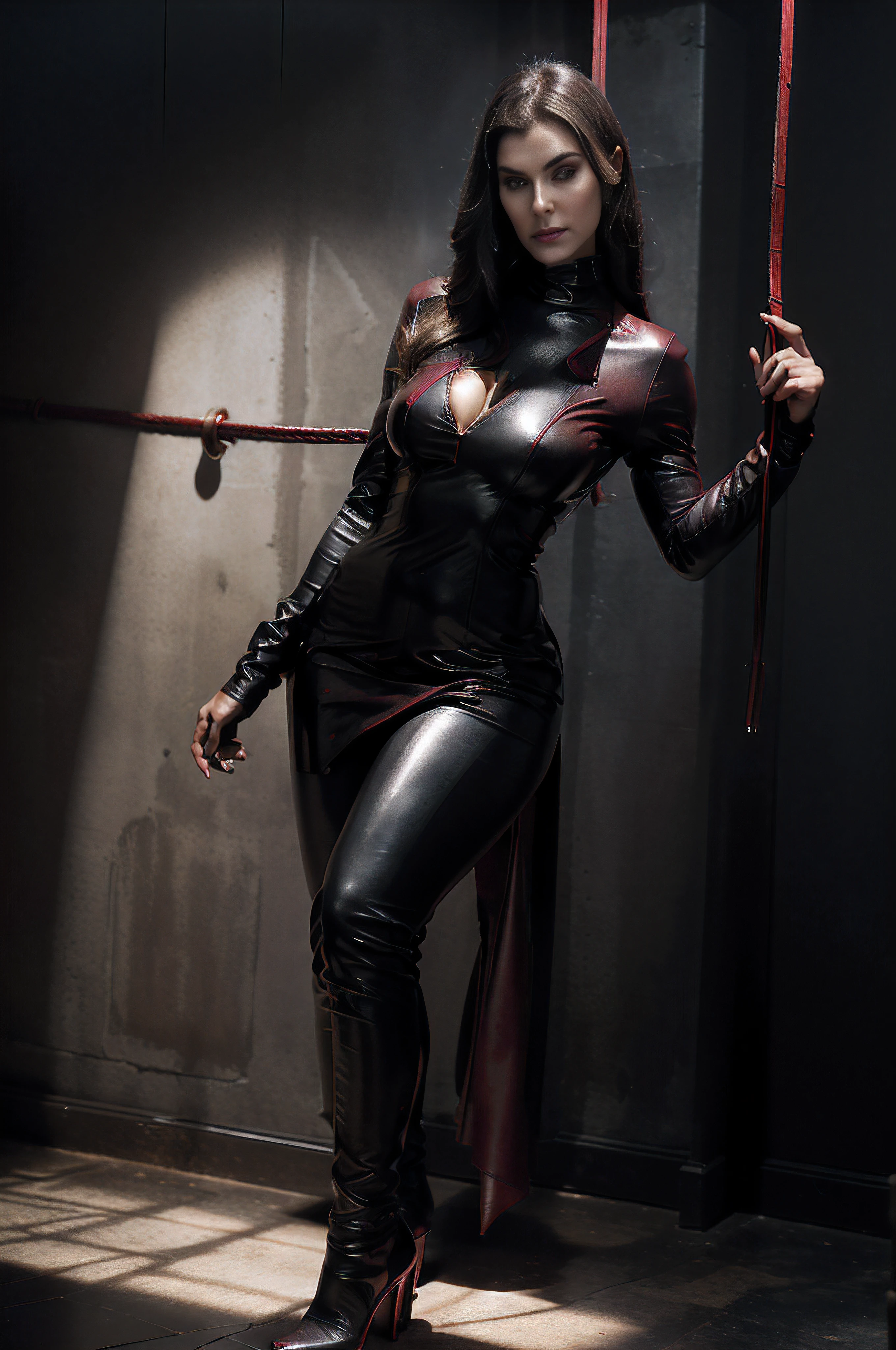 a girl in a (red leather outfit, with a (((black whip held up in air in her hand)))), (confidently cracking the whip in the air), leather gloves glimmering in the light, high heels emphasizing her powerful and seductive presence, standing in a dimly lit dungeon filled with chains, the sound of the whip echoing with every crack, creating an aura of dominance and seduction, leather-clad dominatrix, red latex cat suit, nail design,pleasure and pain,intense gaze piercing through viewer,, a provocative and mysterious atmosphere, a play of shadows and highlights, dramatic lighting emphasizing her curves, shades of black and red dominating the scene, a mix of power and sensuality, body language oozing authority, a sense of control and mastery, strong and fierce, ready to take charge.(aesthetic portrait),((dark,moody,atmospheric),(dramatic lighting),(gloomy atmosphere),(subdued colors),(detailed textures),red candle light,bondage equipment,red velvet),leather restrain (quality, 4k, highres, powerful:1.2), ultra-detailed, (realistic:1.37), TeeTee2