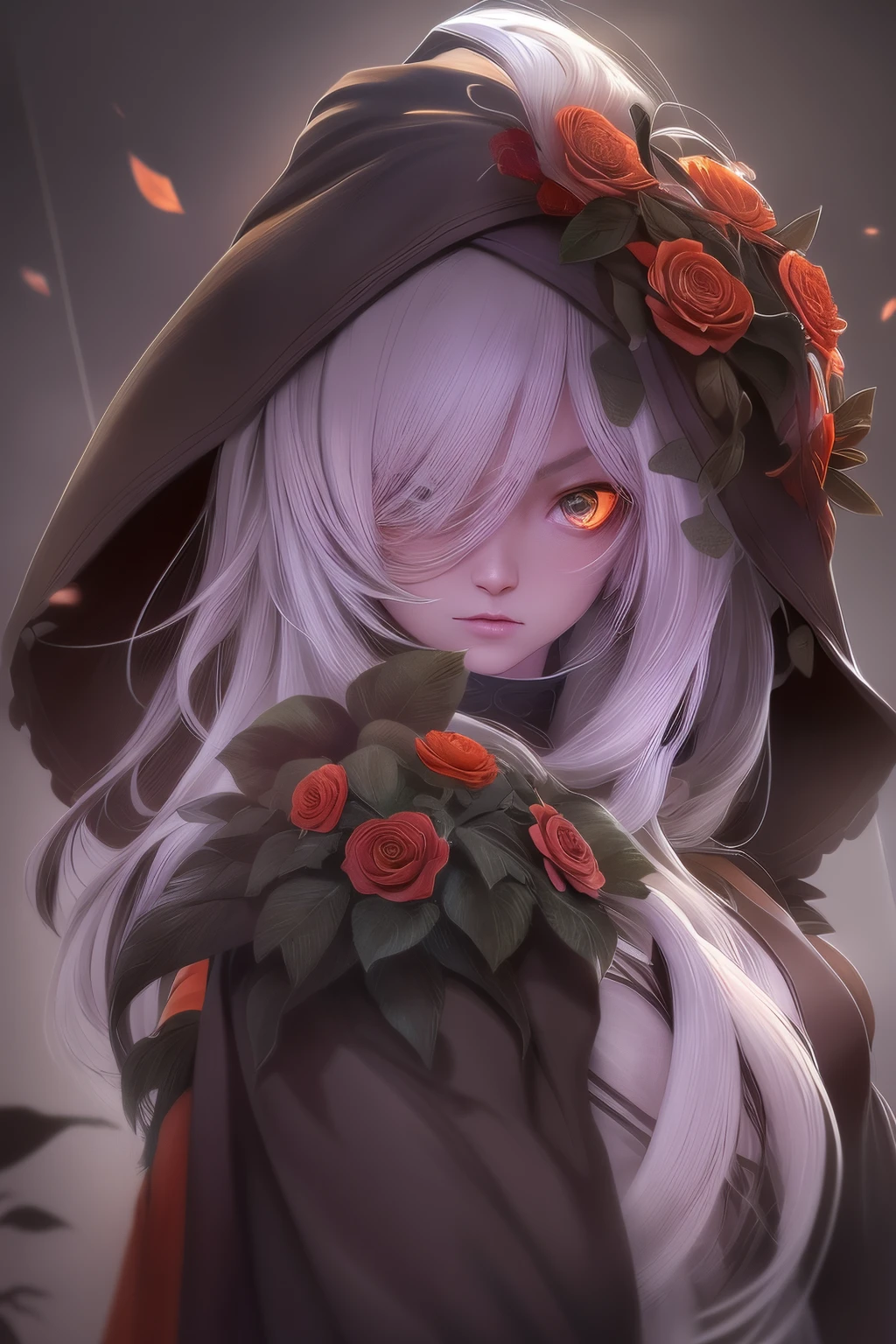 1girl in,Solo,1girl in,Solo,((Beautiful detailed eyes)), (Detailed light),depth of fields,(White hair),Silver eyes,Hair over one eye,(Red flower ), Hair Flower,Long hair,Black cloak,Wet,deadpan,Looking back,Night,starfall,Sateen,Fog,Red flowers fall,sketch,Upper body,intense shadow,