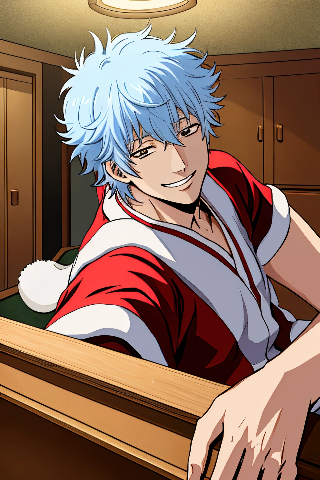 masuter piece, Best Quality, 超A high resolution, top-quality, Anime style, The best lighting, Beautiful face, Gintama, Gintama Gintoki, blue and white contrast hair, (Santa Clothes:1.4), (open drawer:1.2), Grinning face, rotten eyes, Christmas, inside in room