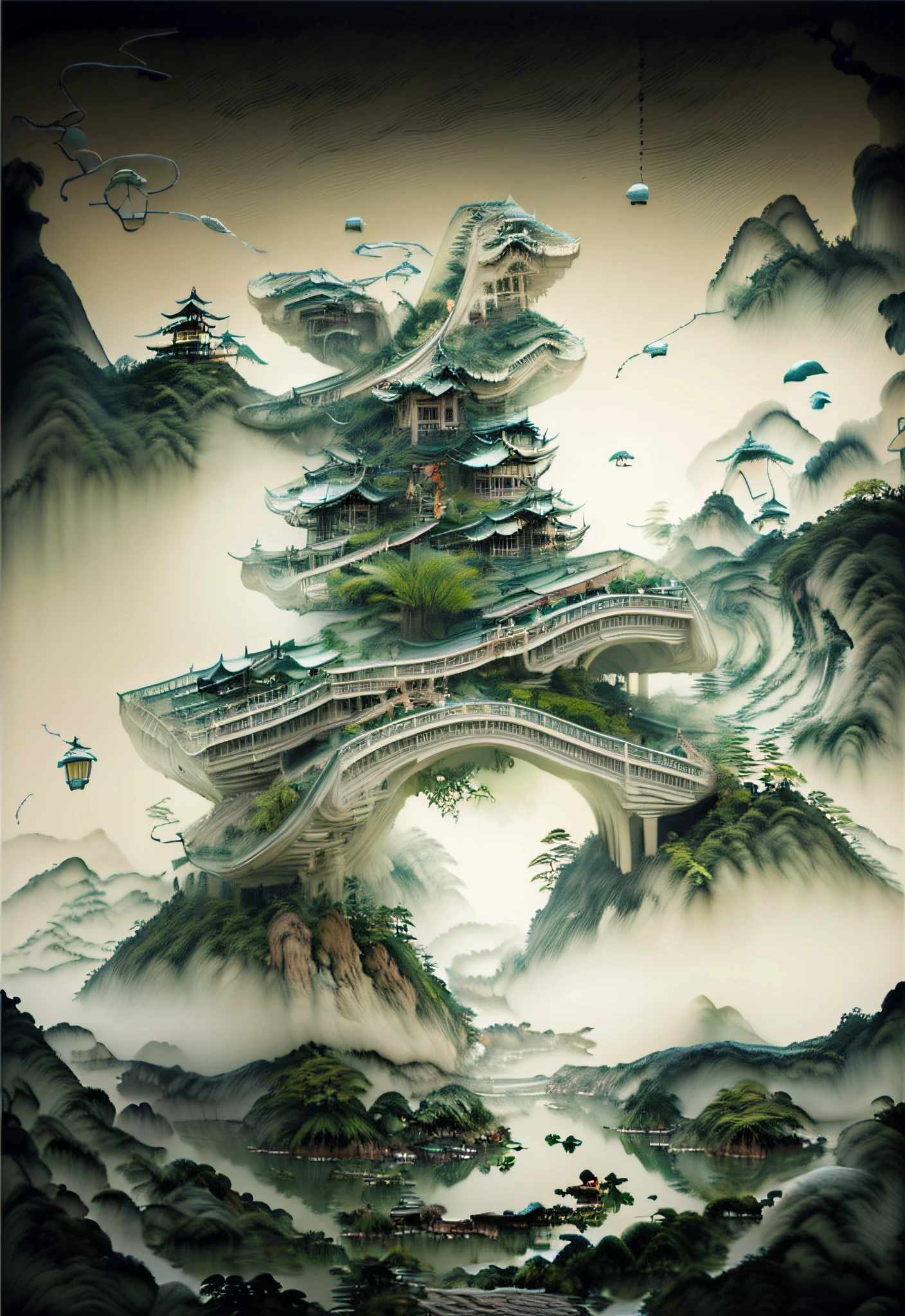 (Best quality at best, high qulity, A high resolution, ultra - detailed, tmasterpiece:1.2), an Chinese ink painting style, high qulity, actual, The landscape, kiosk, artificial mountain, that tree, Peonies, miniature bridge model, potted