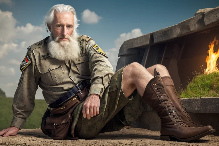 John Glover, An elder with a long beard and white hair, with a serene face wrinkles, looking producing, body older weak, skinny bones hairy, body naked, his shirt was open to reveal his stomach wrinkles older hairy weak and chest, arms legs neck hands feet skinny old and weak, shy and blushed, wish to fuck him as bottom gay, briefs boots and helmet military soldier,  on war bunker,master-piece,4K images,beste-Qualit