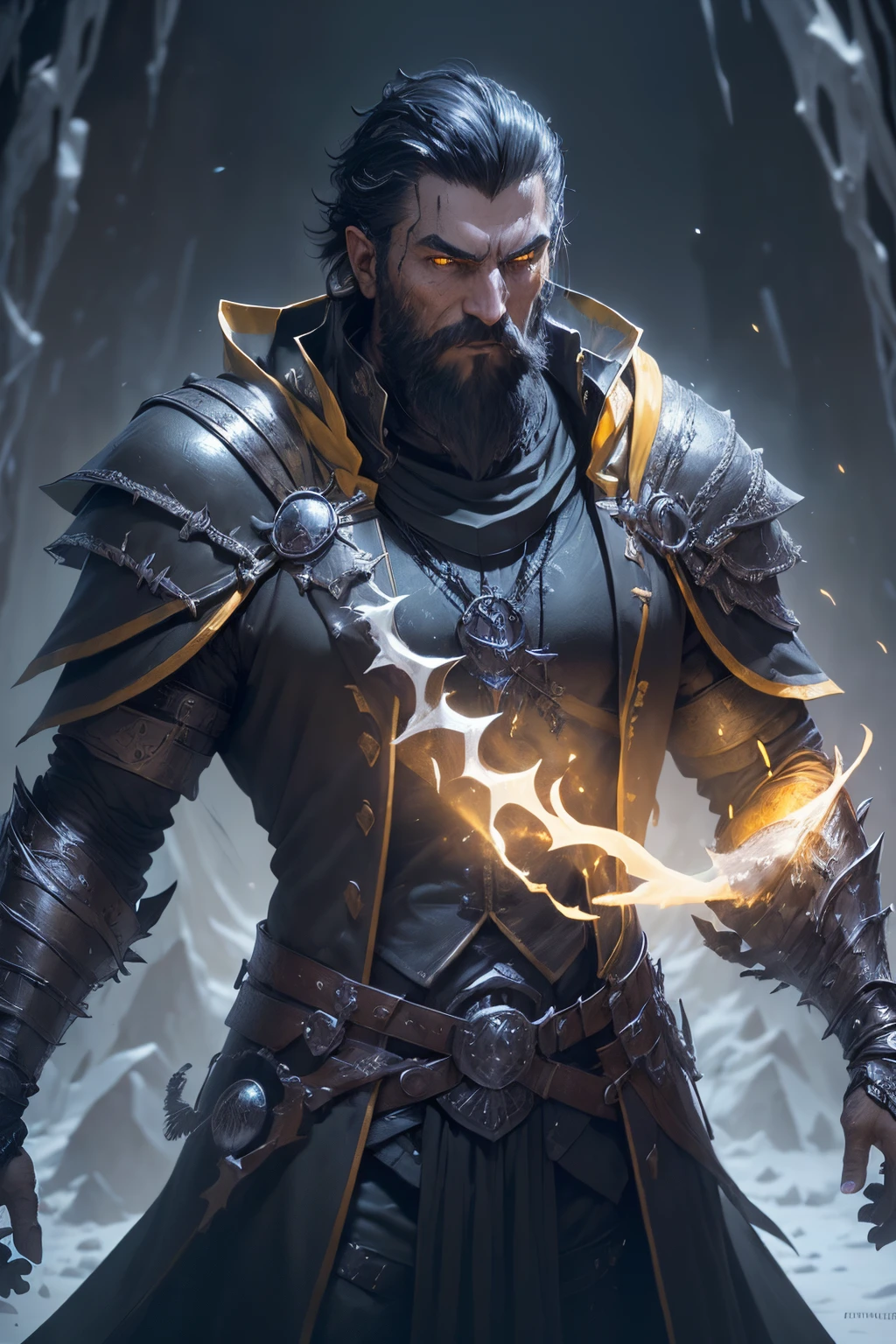 ((ultra quality)), ((tmasterpiece)), male battle mage, A Necromancer, (Black, Short Hair Hair), (has a short black beard), (Beautiful manly face), (is looking at the camera, ((Skin color: white)), ((light yellow eyes glow)), (Large physique), (Male figure), ((Subtle and beautiful)), stands in an epic fighting stance (closeup face), (fantasy, dressed in black clothes of a necromancer magician, black shoulder pads glow yellow), background: Ice Desert, snowing, living corpses of knights, ((Depth of field)), ((high quality clear image)), (crisp details), ((higly detailed)), Realistic, Professional Photo Session, ((Clear Focus))