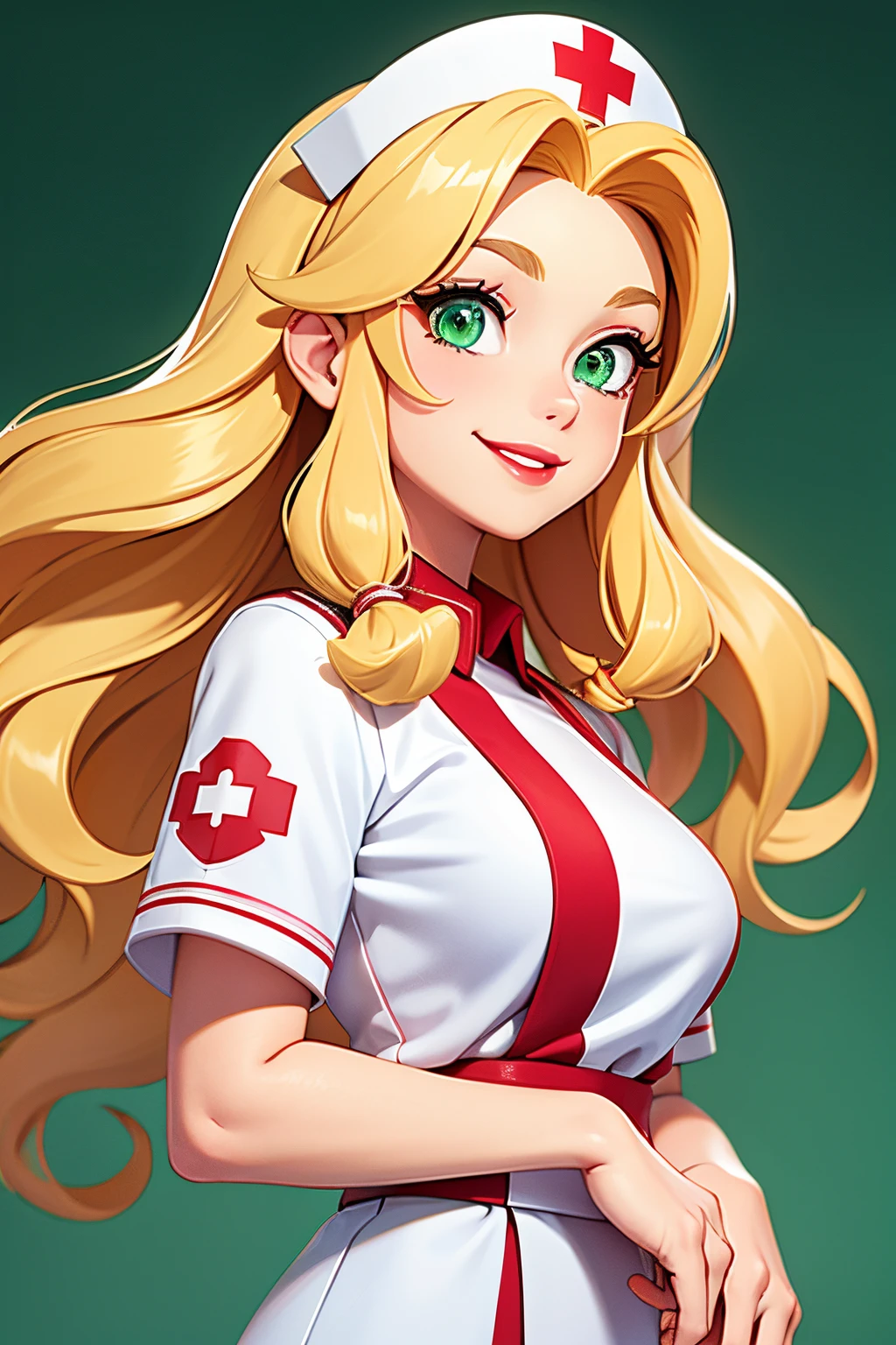 a nurse with green eyes and blonde hair, red lips, hospital background, a shell on her hair, long wavy hair, kind smile, white uniform