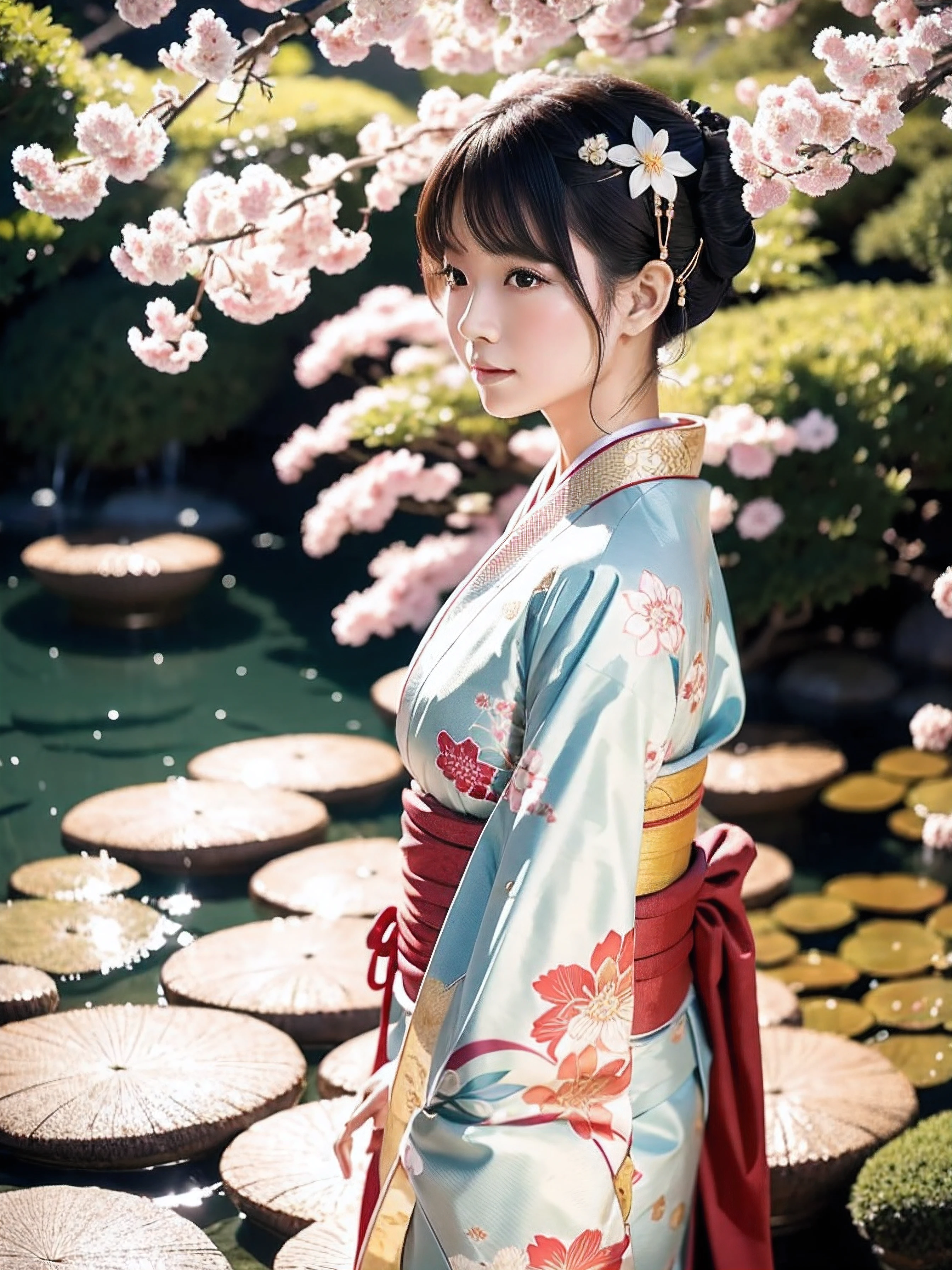 Create an AI illustration of an attractive and elegant Japanese woman wearing a kimono, Perfect for NFT sales. Women need to exude elegance and serenity, With a gentle and calm expression. Her kimono is detailed and colorful., Featuring traditional Japanese patterns and motifs that symbolize beauty and nature, Cherry blossoms, etc., cranes, or waves. her hair is styled classically, Refined attitude, perhaps decorated with decorative hairpins or flowers. The background should complement the theme, Perhaps they will show you a tranquil Japanese garden, A quiet pond where carp swims, or soft, dreamlike landscape. The artwork is、Kimono not only emphasizes the beauty and elegance of women、Must capture the essence of traditional Japanese aesthetics。, Produce works that resonate with art collectors and Japanese culture enthusiasts.