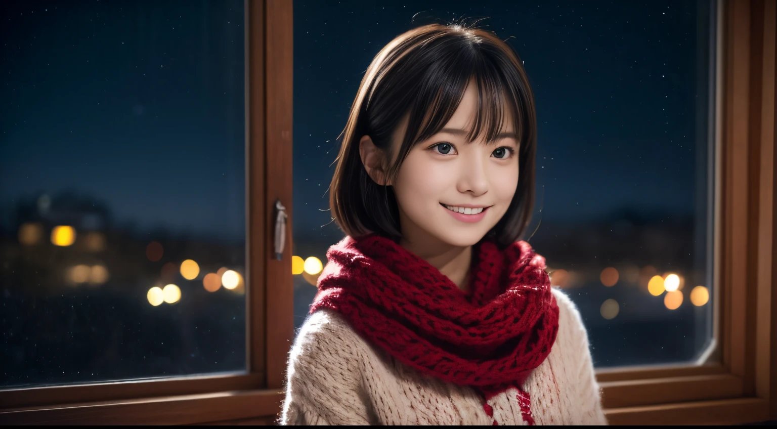 1girl in, 20yr old、Gravure model for Japan, (cute little, a beauty girl,profile:1.2), Modest big,  𝓡𝓸𝓶𝓪𝓷𝓽𝓲𝓬,Beautiful Christmas night view and snow:1.2, (Look up at the night sky outside the window:1.5)、(room with christmas tree:1.4),  (fluffy pink wool sweater:1.2),  red scarf, (Green Plaid Pleated Skirt),   A dark-haired、Lost in thought with a happy expression、 Best Quality, hight resolution, Detailed skin, Detailed face and eyes, Hi-Res, Natural lighting, Perfect Anatomy, Physically-based rendering, Photorealistic, symmetric clear eyes, Well-groomed face,Teenage girl, Perfect figure, Transparency, hposing Gravure Idol,