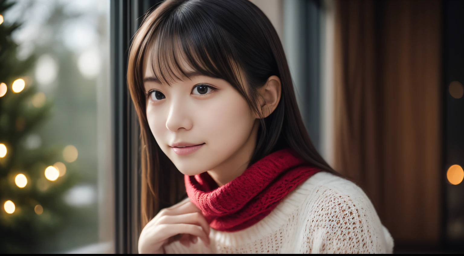 1girl in, 18year old、Gravure model for Japan, (cute little, a beauty girl,profile:1.2), Modest big,  𝓡𝓸𝓶𝓪𝓷𝓽𝓲𝓬,Beautiful Christmas night view and snow:1.2, (Look up at the night sky outside the window:1.5)、(room with christmas tree:1.4),  (fluffy pink wool sweater:1.2),  red scarf, (Green plaid pleated skirt),   A dark-haired、Lost in thought with a happy expression、 Best Quality, hight resolution, Detailed skin, Detailed face and eyes, Hi-Res, Natural lighting, Perfect Anatomy, Physically-based rendering, Photorealistic, symmetric clear eyes, Well-groomed face,Teenage girl, Perfect figure, Transparency, hposing Gravure Idol,