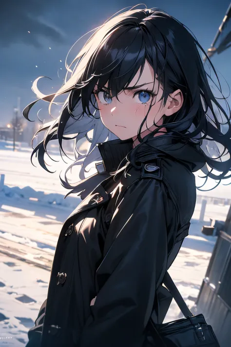 prompt:scene:0.9, (masterpiece), (((ultra detailed, 8k quality))), high quality, 1girl, black winter coat, angry, tears, cold, d...