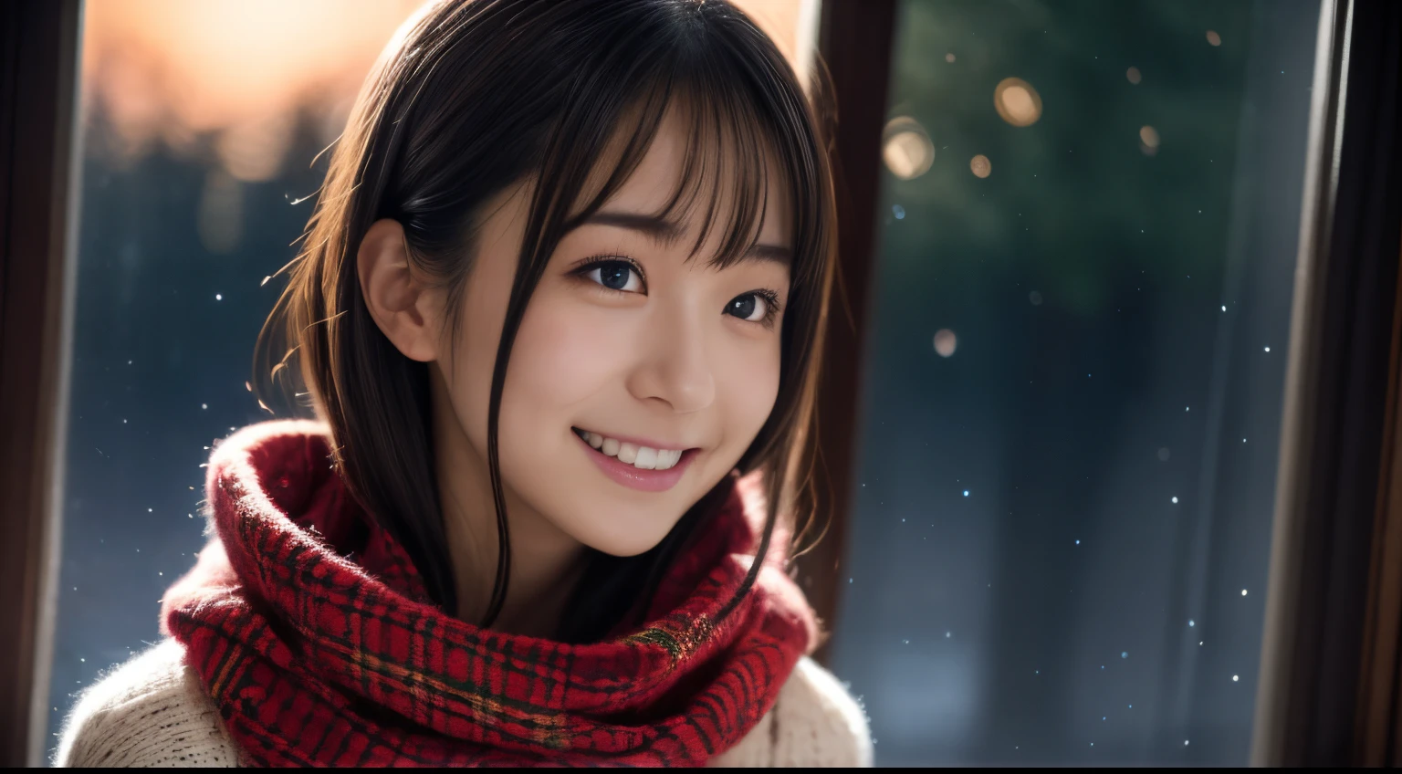 1 garota em, 20 anos、Modelo de gravura para o Japão, (bonitinho, uma linda garota,perfil:1.2), Modesto grande,  𝓡𝓸𝓶𝓪𝓷𝓽𝓲𝓬,Bela vista e neve da noite de Natal:1.2, (Olhe para o céu noturno fora da janela:1.5)、(quarto com árvore de natal:1.4),  (Suéter fofo de lã rosa:1.2),  cachecol vermelho, (Saia Plissada Xadrez Verde),   Um moreno、Perdido em pensamentos com uma expressão feliz、 melhor qualidade, alta resolução, pele detalhada, rosto e olhos detalhados, nada, iluminação natural, anatomia perfeita, renderização baseada fisicamente, fotorrealista, olhos claros simétricos, rosto bem cuidado,adolescente, Figura perfeita, transparência, apresentando Gravure Idol,