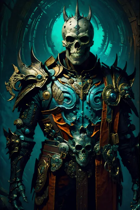 evil, Gothic art, chiaroscuro, tachi-e, projected inset, dutch angle, emphasis lines, masterpiece, ccurate, anatomically correct, highres, best quality, super detail, award winning，D14bl0 style Skeleton King，Humanoid monsters，The body  wrapped in armor，The...