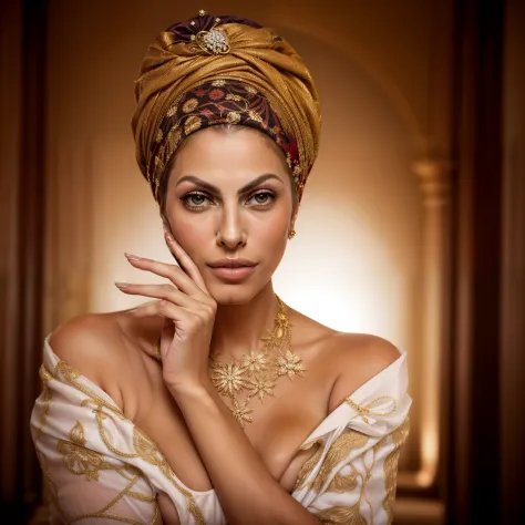 dort posiert eine sexuell erregte Frau (Eva Mendes) with a turban on his head for a photo, Atemberaubende afrikanische Prinzessi...