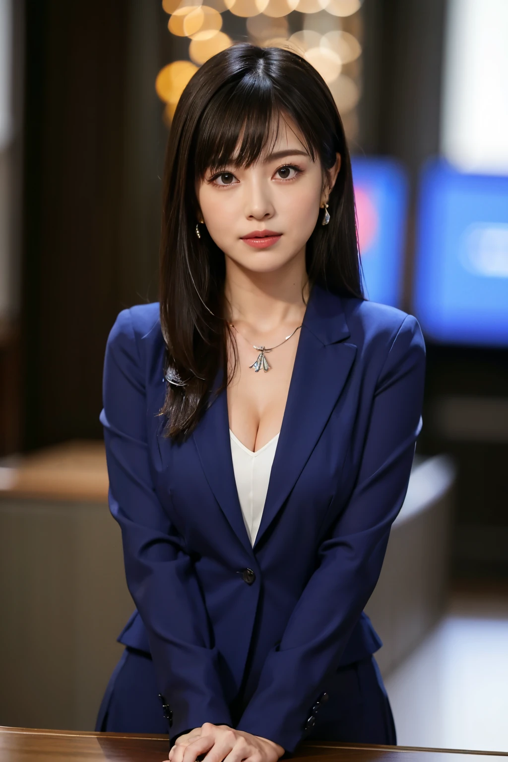 hight resolution, extremely detailed photo, hyper realstic, Professional Lighting, detailed bust, 8k wallpaper, masutepiece, Best Quality, 1girl in, straight haired, Look at viewers, Business suits, Dark blue suit, The shirt, Earring, a necklace, pantyhose, well-shaped bust, bokeh dof, Arms Down, Breasts squeezed together