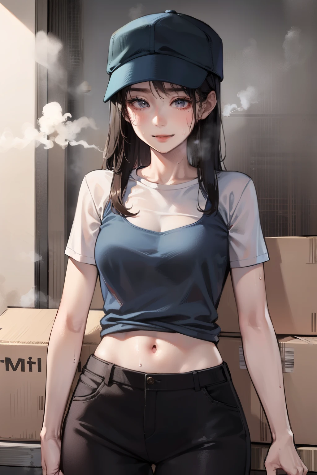 lift the cardboard、cargo carrier , white tank top workwear, Khaki cargo pants, Red gloves, Light Blue Cap, Moving luggage、cardboard apartment background、moving company, ((Sweat, steam)),milf,Female in her 30s、Bewitching smile、lift heavy cardboard