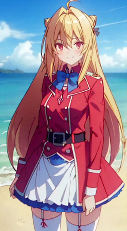 long hair, skirt, blonde hair, (red eyes:1.2), thighhighs, long sleeves, bow, very long hair, ahoge, belt, bowtie, hair bun, white thighhighs, garter straps, blue bow, hair intakes, white skirt, blue bowtie, cone hair bun, looking at viewer, smile, closed mouth, outdoors, extremely detailed face, perfect lighting, (perfect hands, perfect anatomy), white thighhighs, red shirt, standing, looking at viewer, cowboy shot, arms behind, beach background