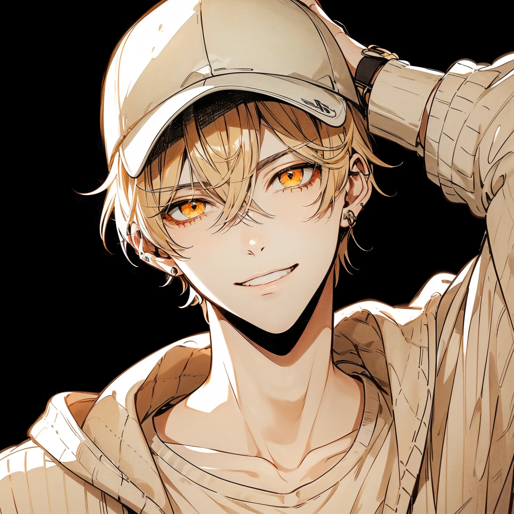 miscievous smile, Black eyebrows,Beautiful young man, Gold Hair, Orange Eyes, Short hair, White sweater, cut out the eyes, Handsome, White cap, grab the brim of a hat, Front view, Black background, Shoulder level,High quality, amount of drawing, pixiv illustration