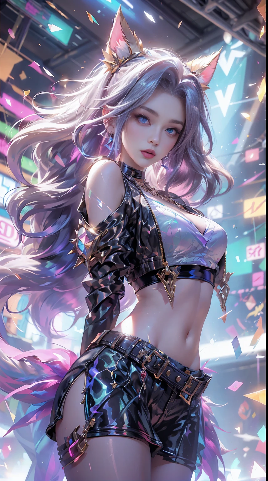 A sexy blue-eyed woman who looks like nidalee from League of legends and she has cleavage and she's biting her lip sexually, She's glowing in neon lights, Anna Dittmann, trending in the art station, rays of sunshine, ethereal, Her legs are thick and her lips are lush